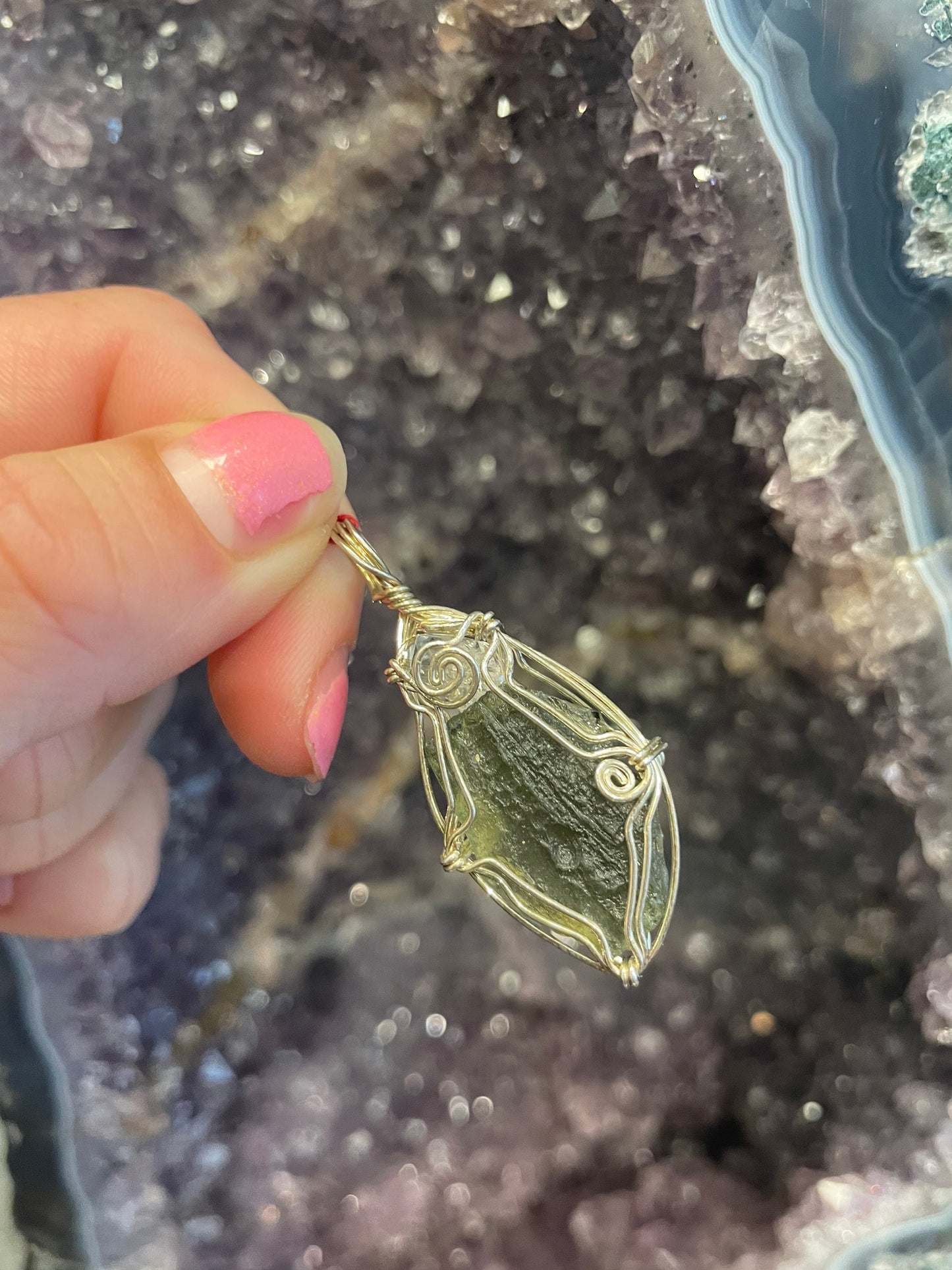 Moldavite Wire Pendant with Herkimer Diamond